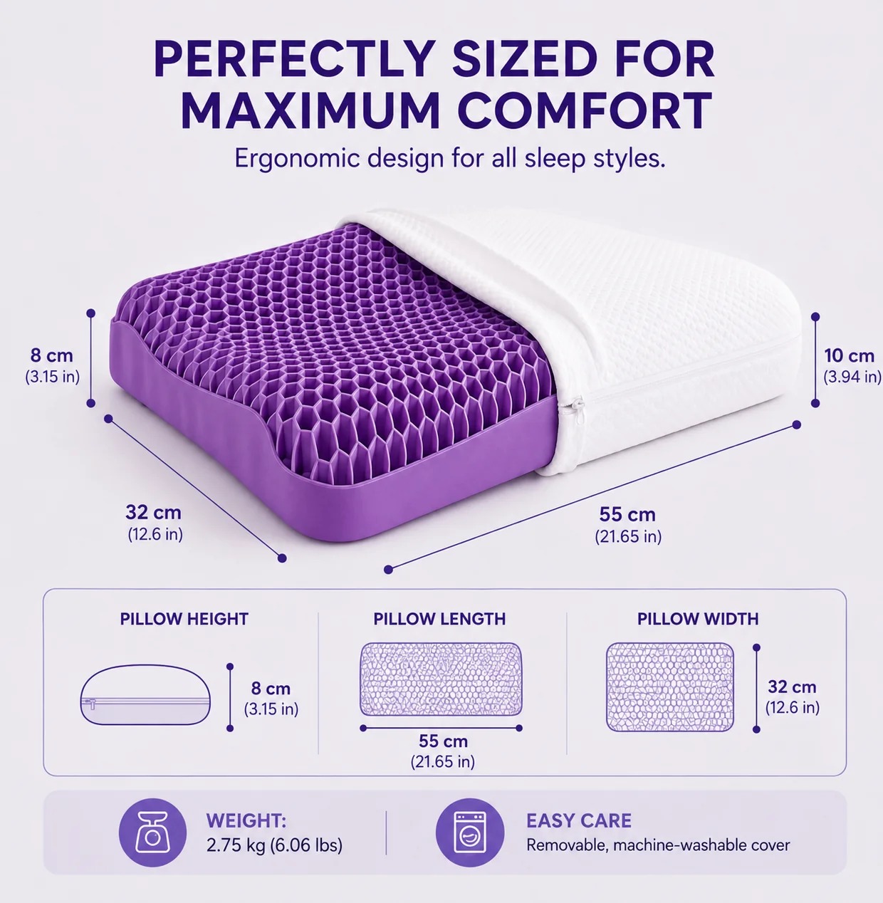 Pillow dimensions and removable machine-washable cover details