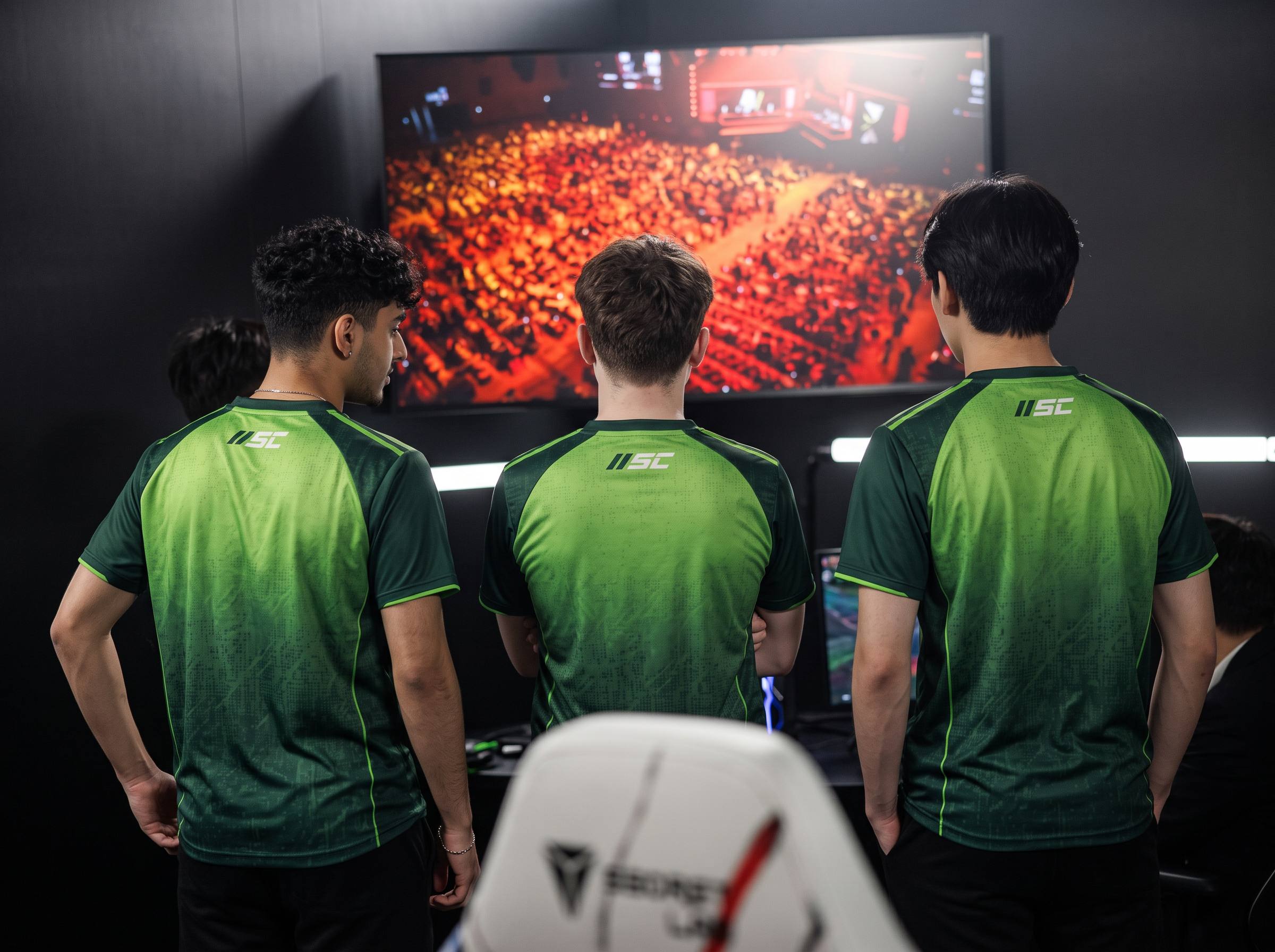 Three Team Ascent players watching esports arena footage together
