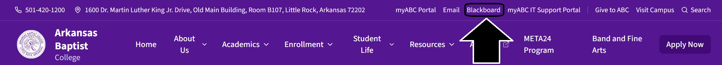 Arkansas Baptist College website header showing the Blackboard link in the navigation bar
