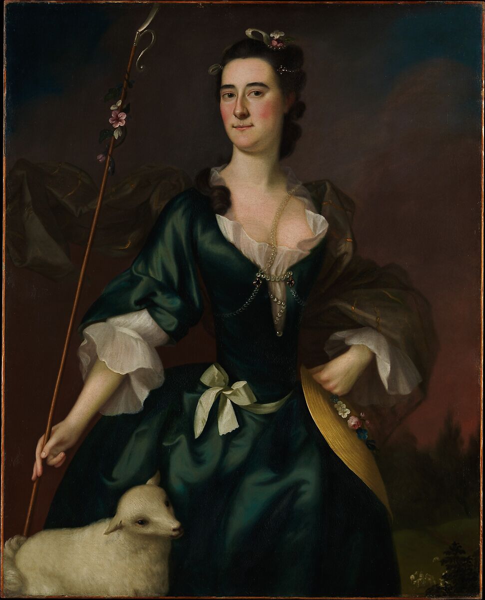 Joseph Blackburn's 1754 portrait of Mary Sylvester as a shepherdess: a dark-haired young woman in a dark green satin gown with white ruffled sleeves and a pearl necklace, holding a flower-wound crook, a straw hat under her arm and a white lamb at her side, against a dusky red sky.