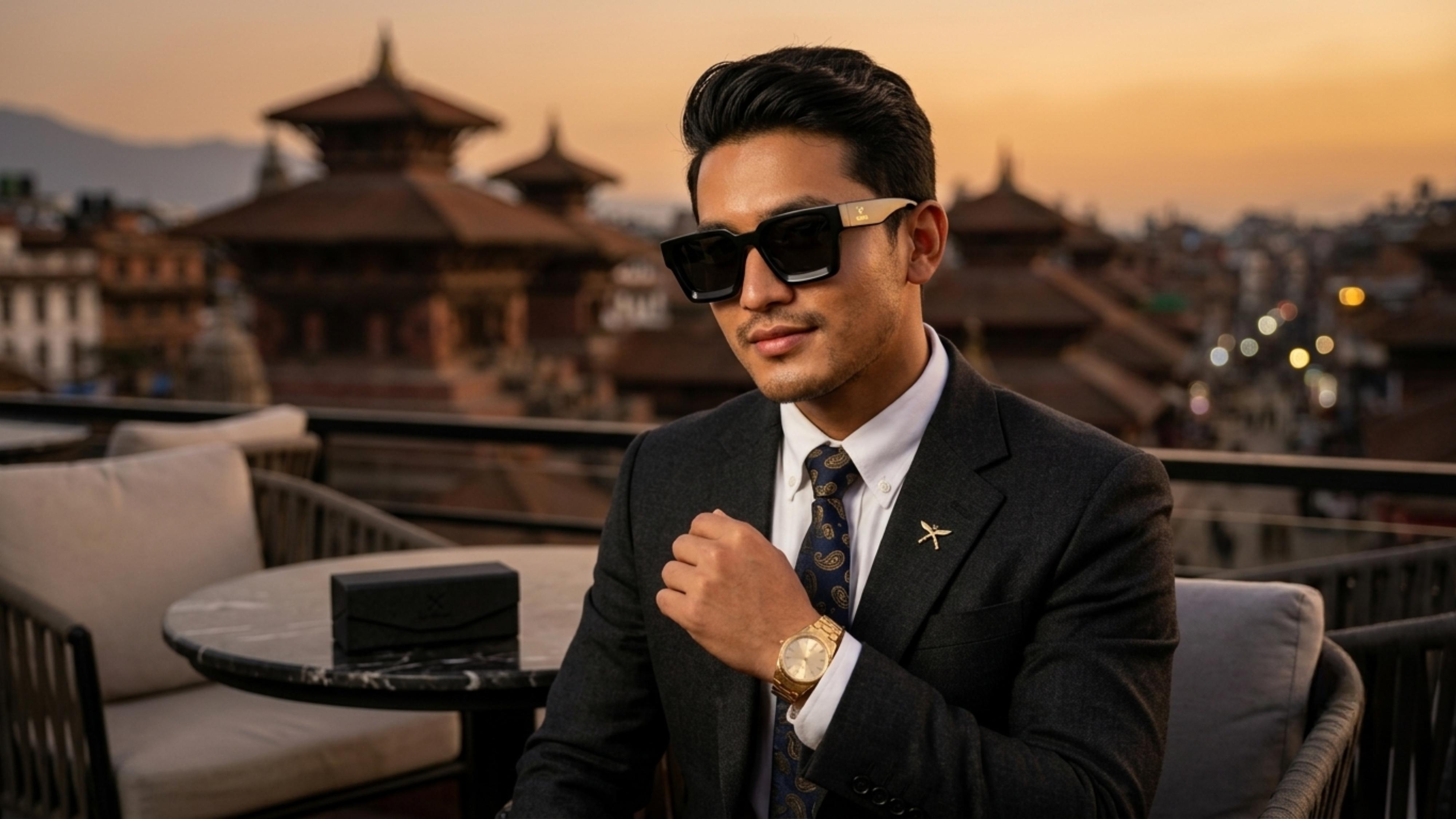 Man in a suit wearing bold black sunglasses in Kathmandu
