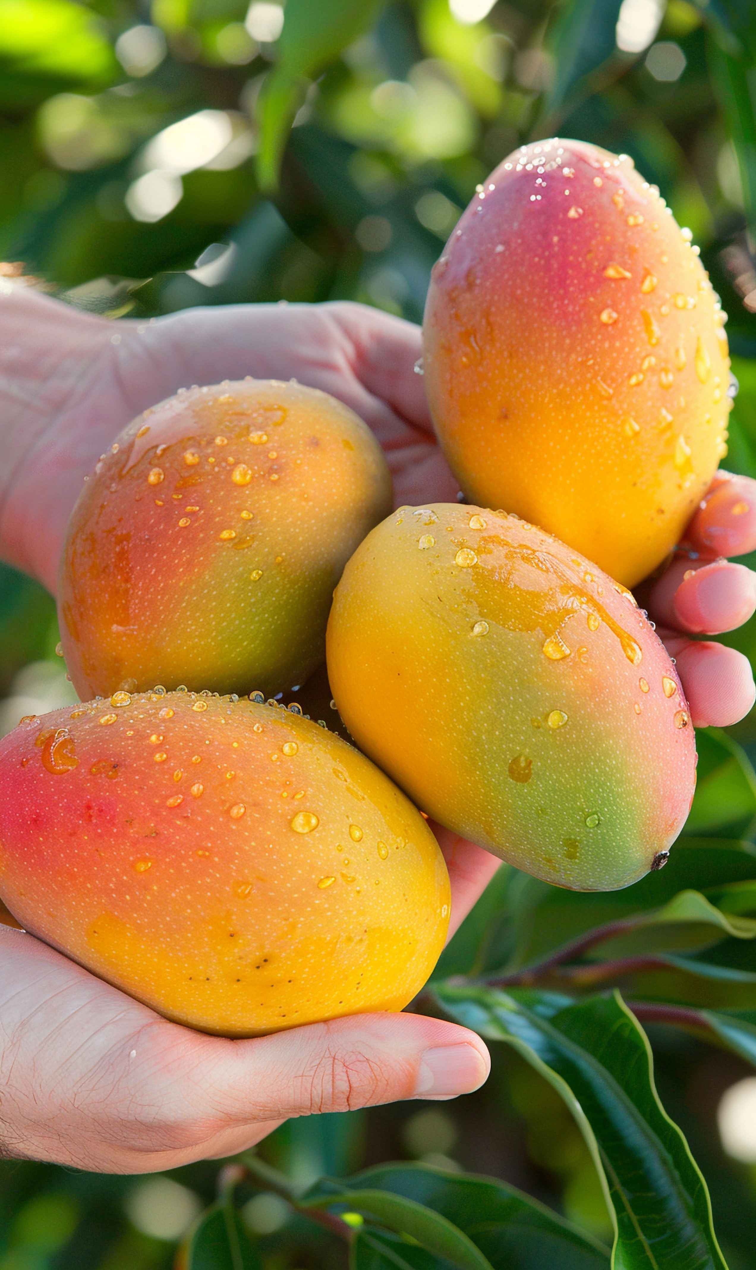 Manos sosteniendo mangos frescos con gotas de agua