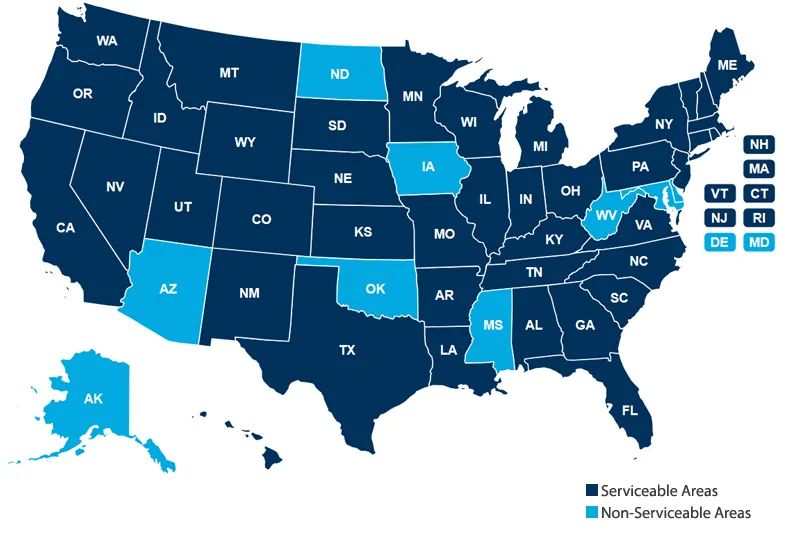 Spectrum Coverage Map showing serviceable and non-serviceable areas across the United States