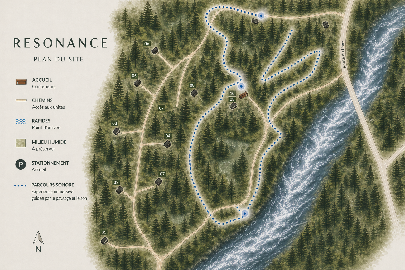 Plan du site Résonance - Vue aérienne illustrée montrant les 10 unités d'hébergement, le parcours sonore, les rapides et les sentiers