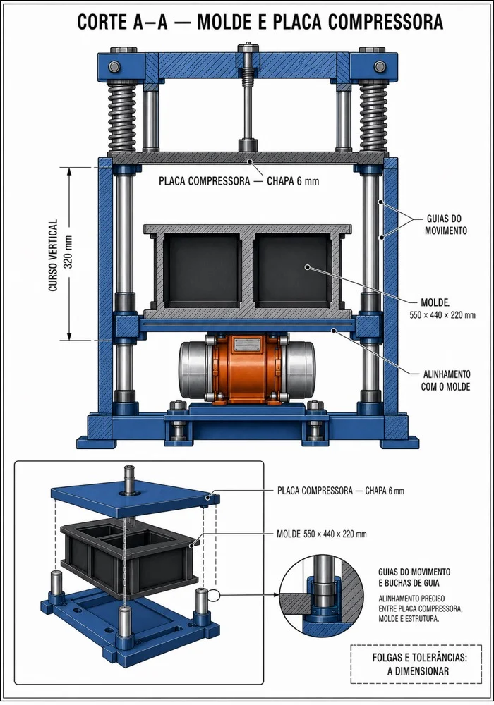 Corte A-A — molde e placa compressora