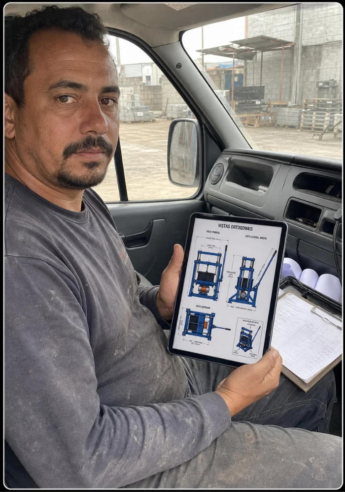 Foto do cliente na obra segurando o tablet