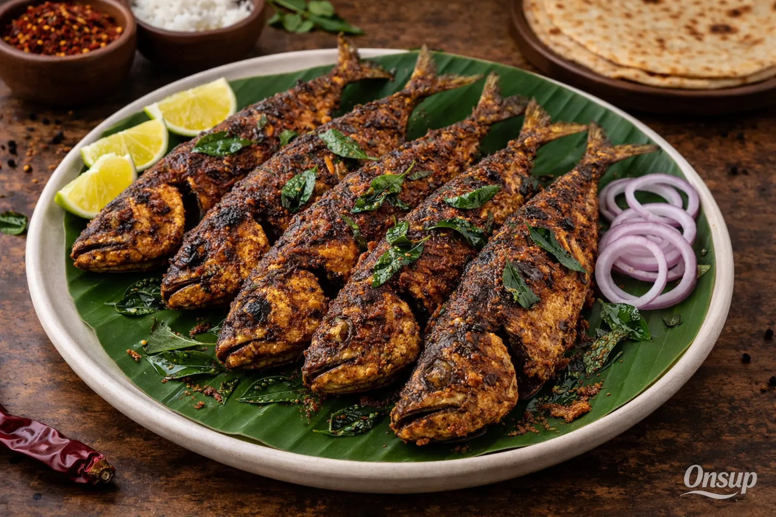 Kerala style Mathi fry – crispy sardines on banana leaf with lime and onion