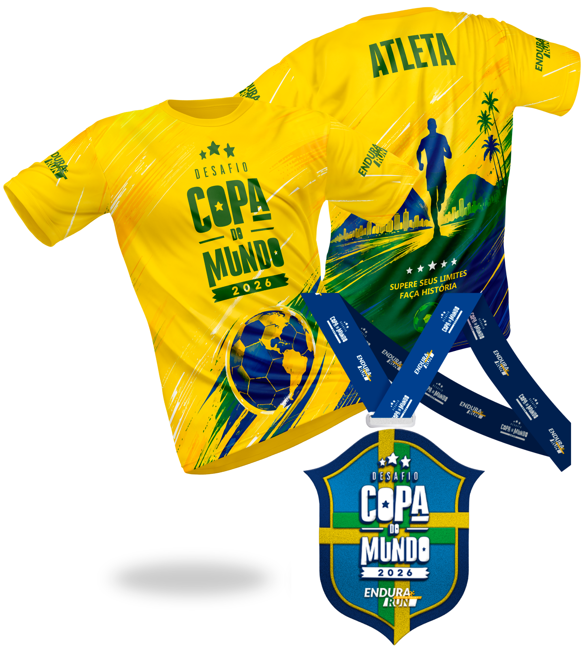 Camiseta dry-fit amarela e medalha do Desafio Copa do Mundo 2026