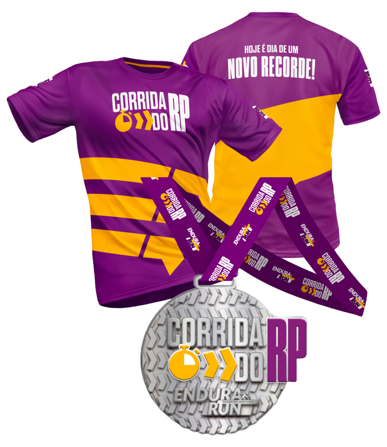 Kit exclusivo da Corrida do RP com camiseta dry-fit roxa e medalha prateada