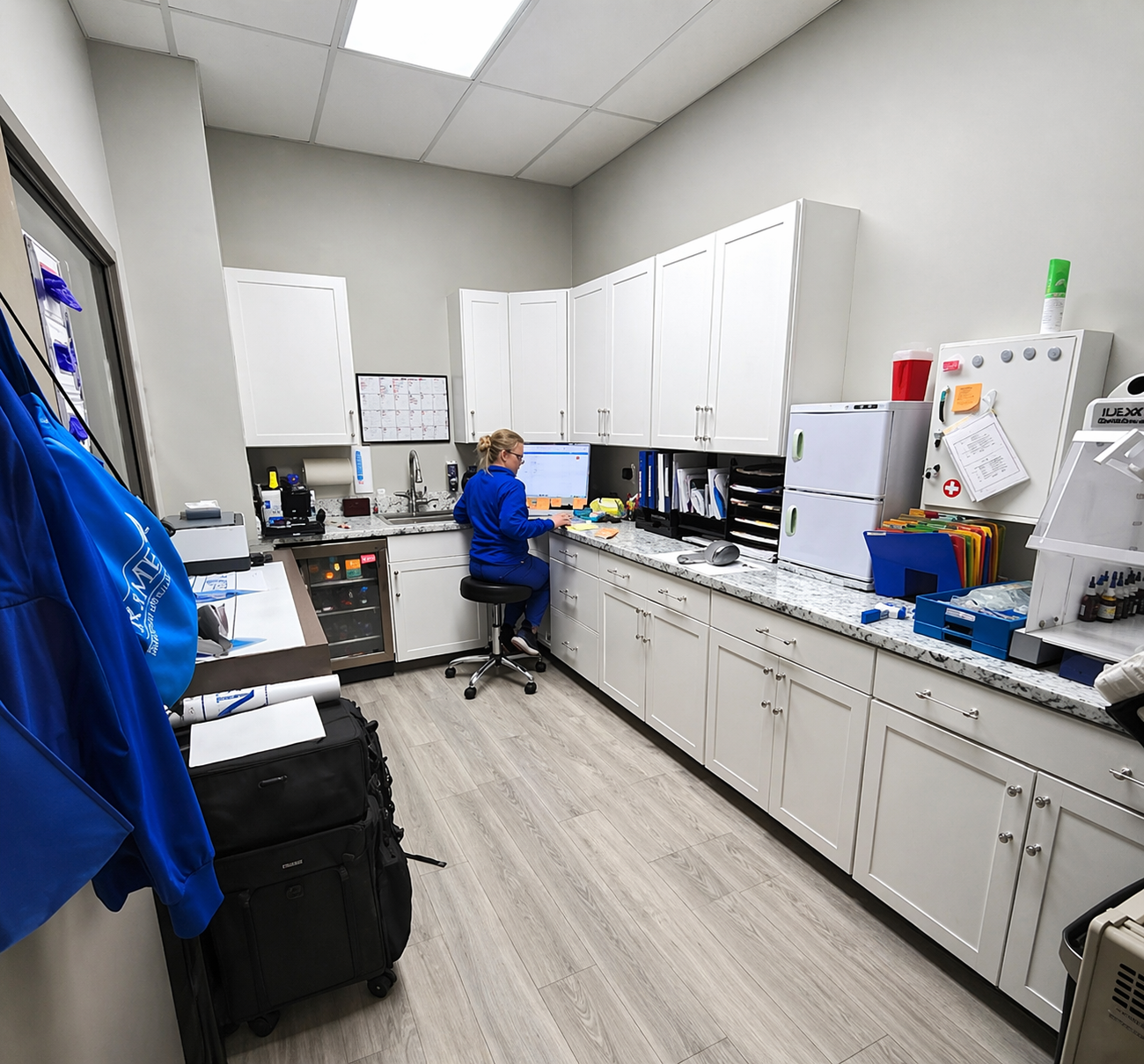A nurse working at the computer in the clinical IV preparation room