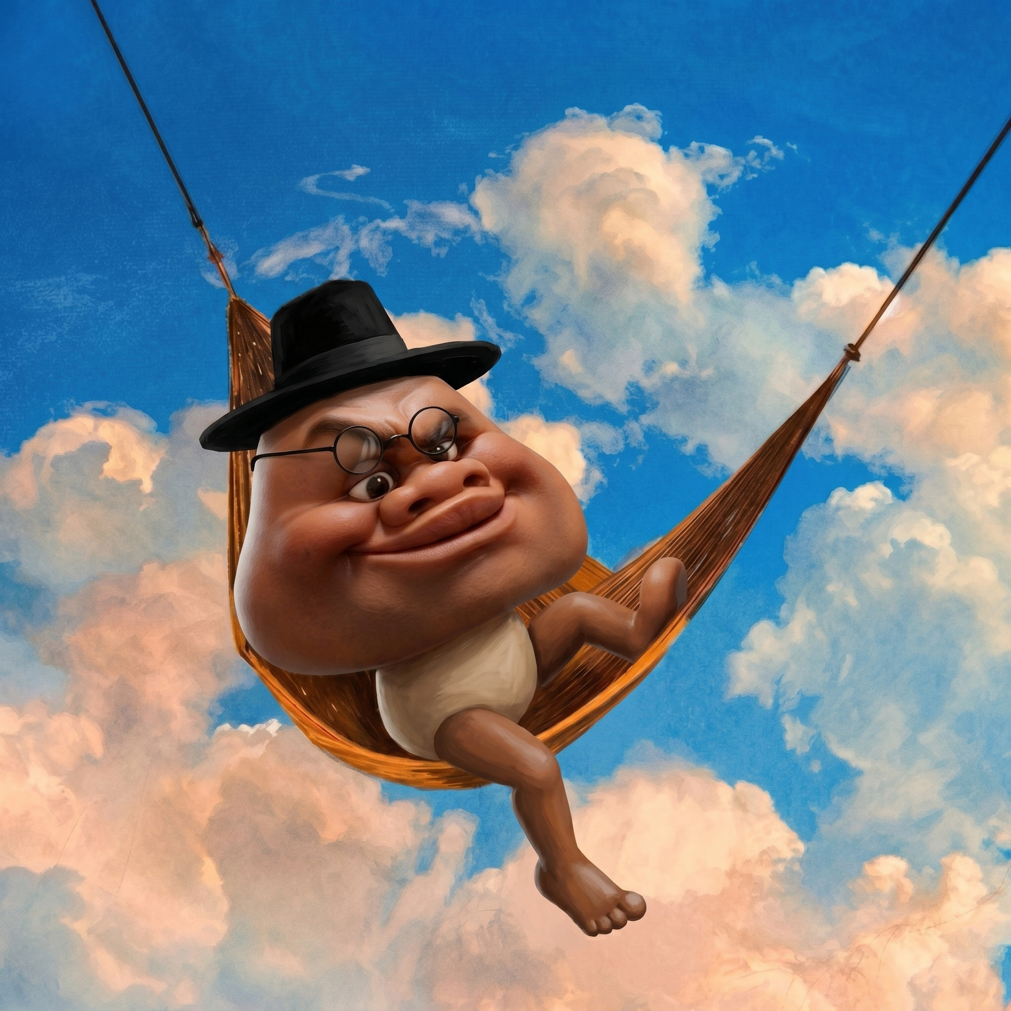 Mr Lil Dicker chilling in a hammock in the clouds