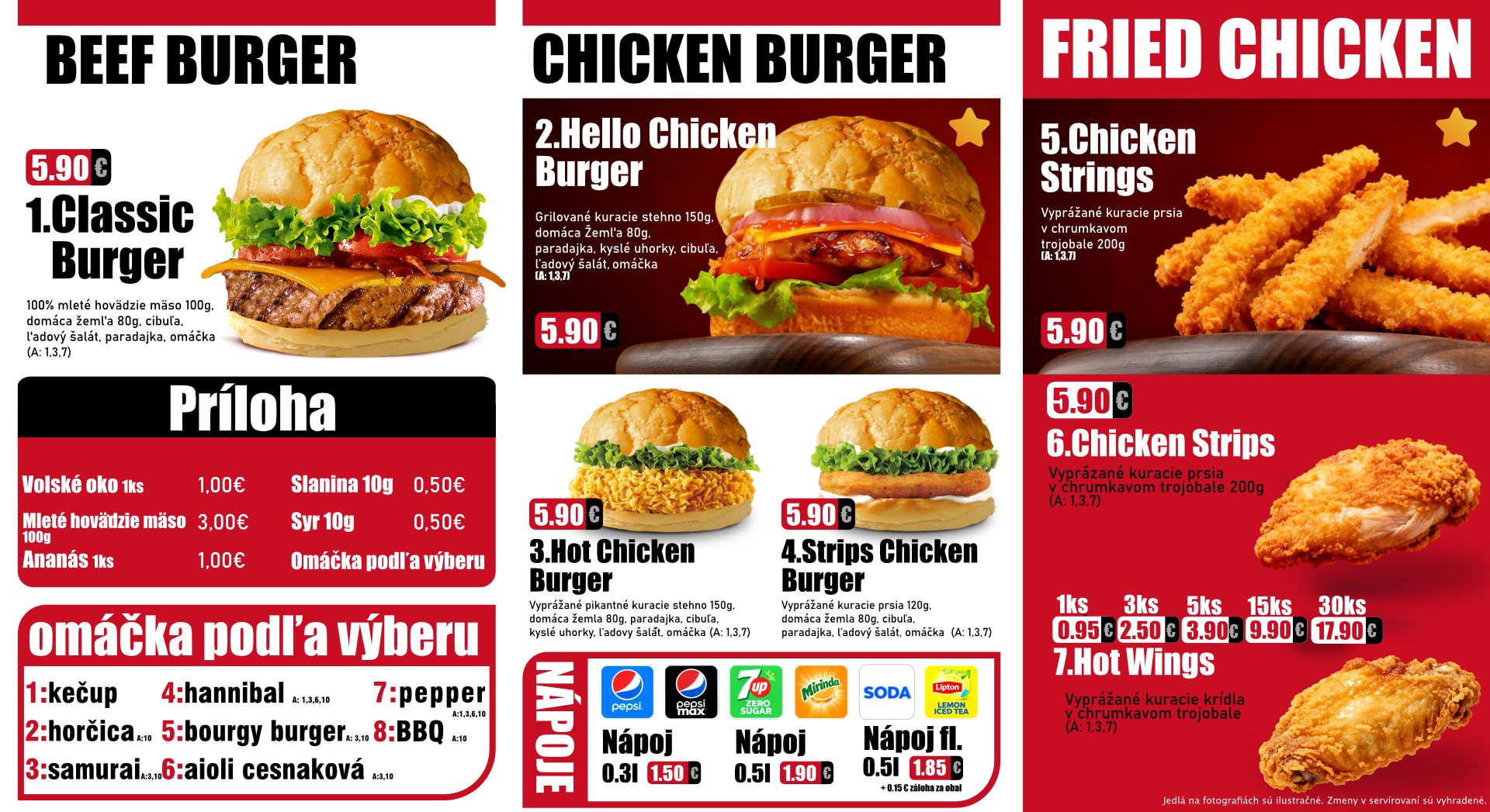 Hello Chicken jedálny lístok – Beef Burger, Chicken Burger, Fried Chicken