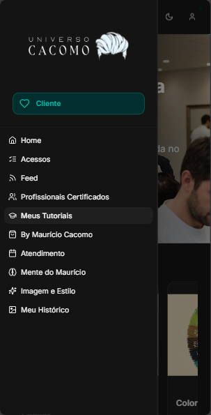 Universo Cacomo Mobile - Menu lateral com navegacao completa