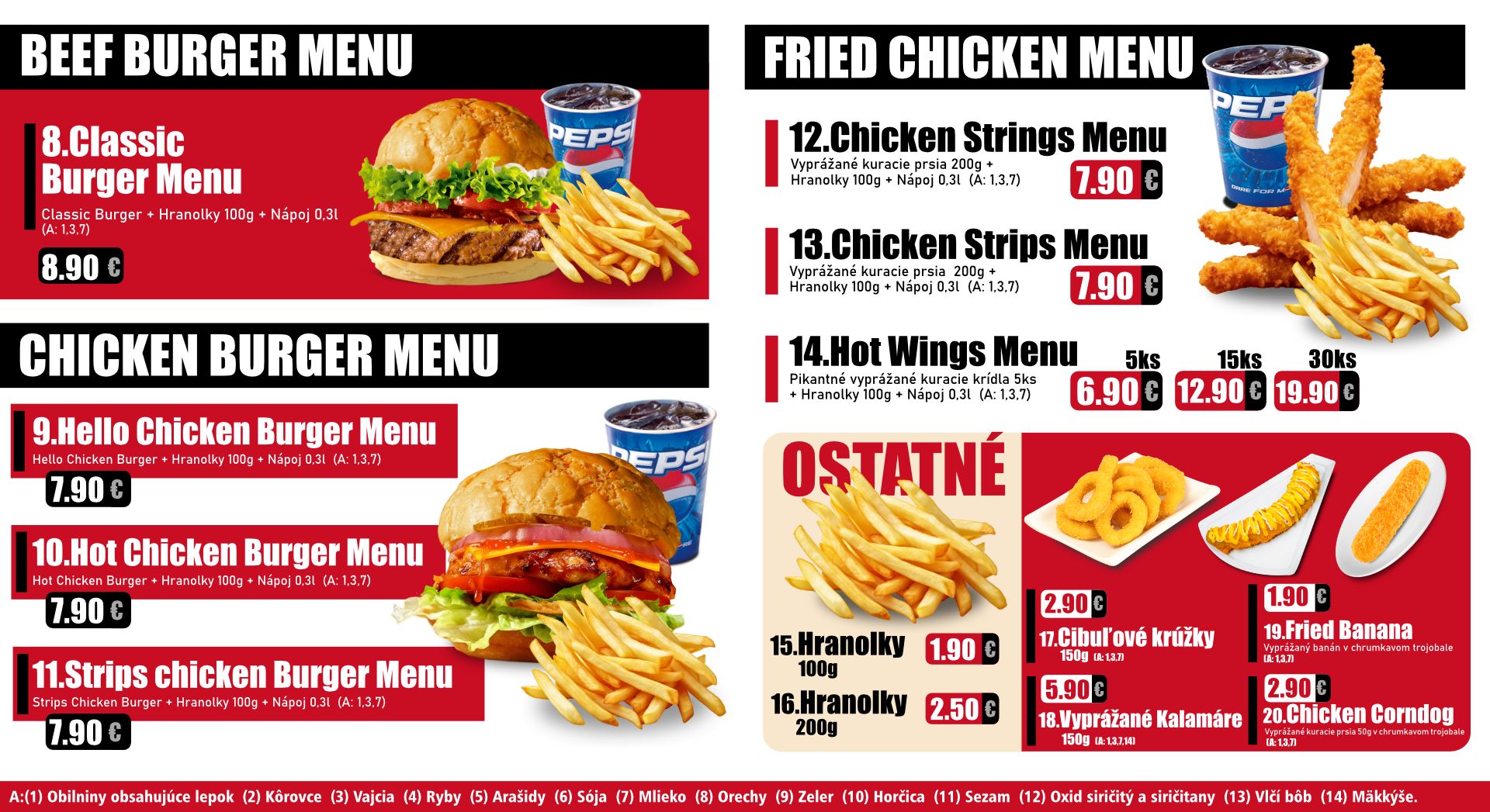 Hello Chicken jedálny lístok – Beef Burger Menu, Chicken Burger Menu, Fried Chicken Menu, Ostatné