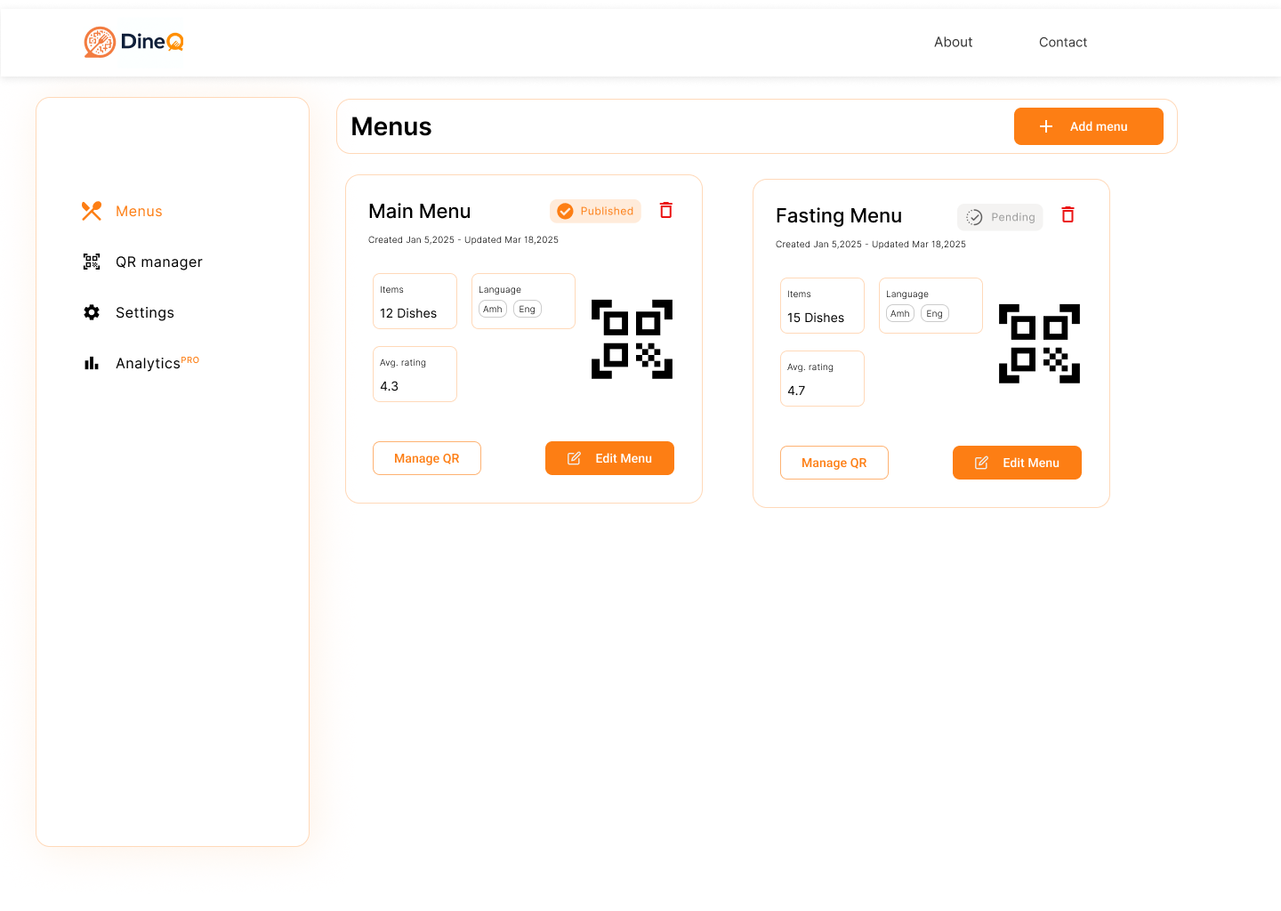 DineQ Menus Dashboard