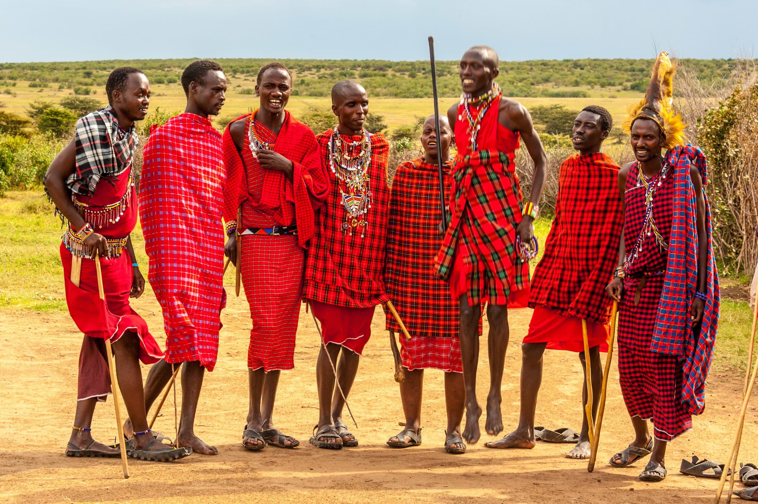 Group of Maasai men in traditional red attire