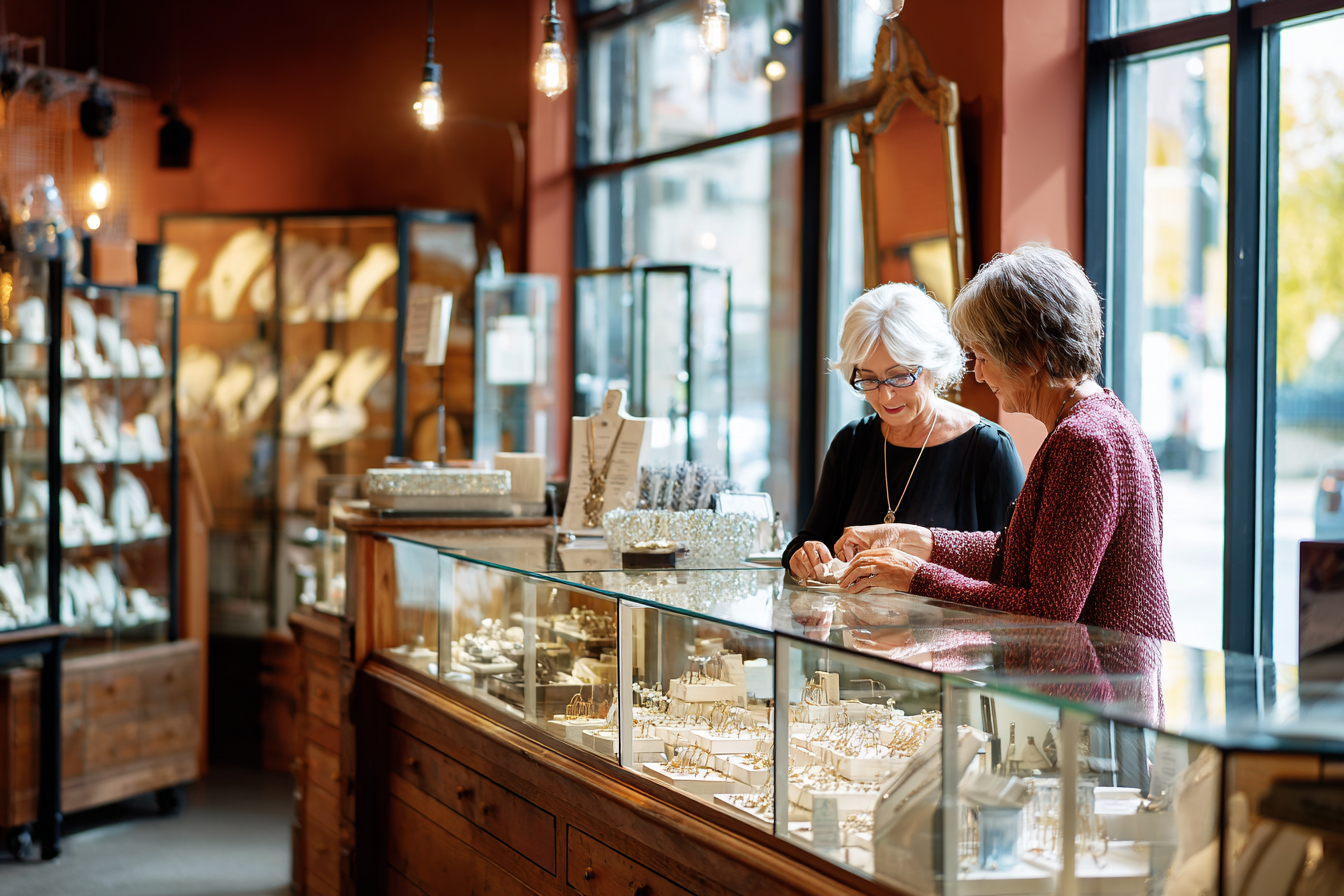 Two women browsing jewelry at retail store counter