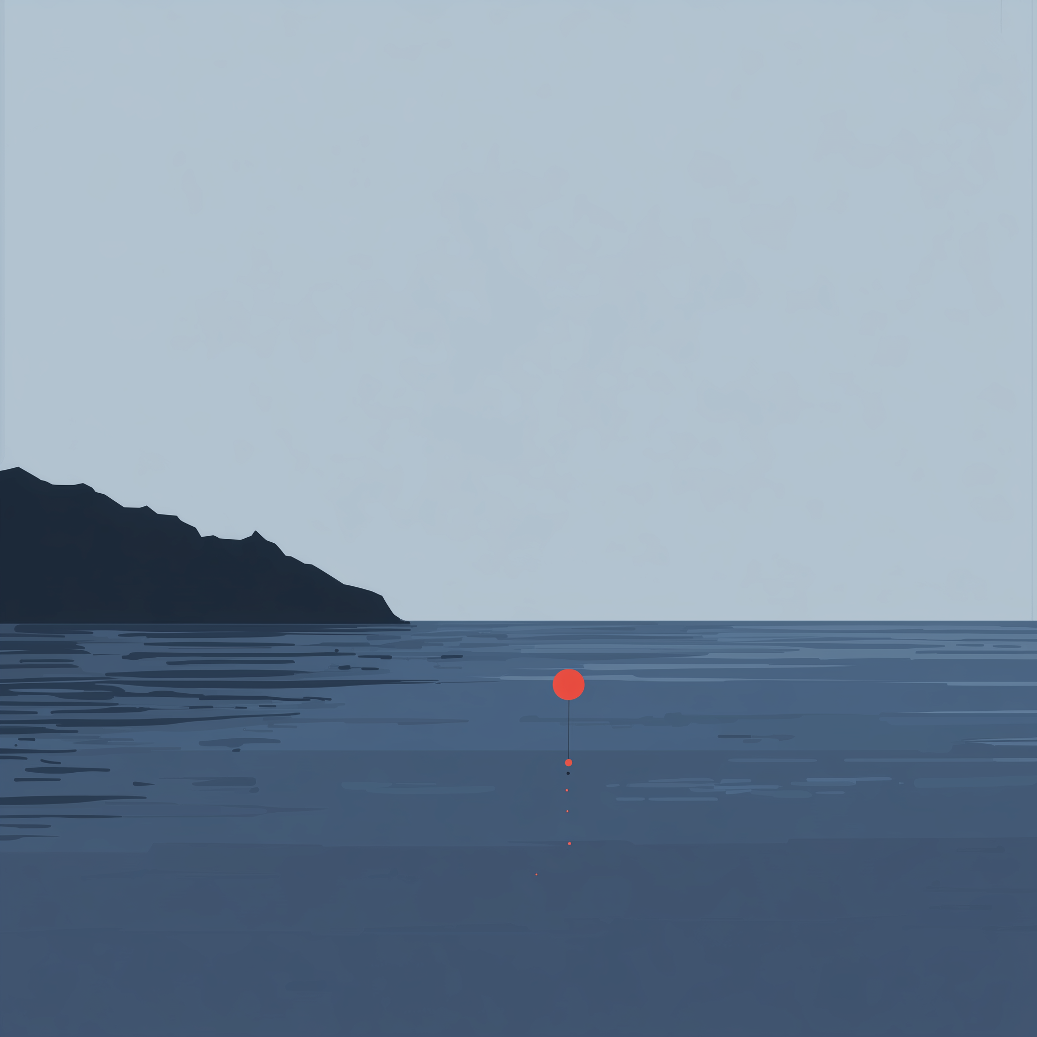 Minesweeper - Minimalist illustration of a coastline with a red buoy marking underwater depths