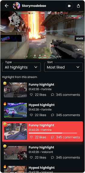 Mobile view of highlights list with filter options and clips showing likes and comments