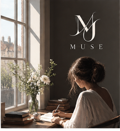 Woman writing at a sunlit desk beside a window with the MUSE logo above her
