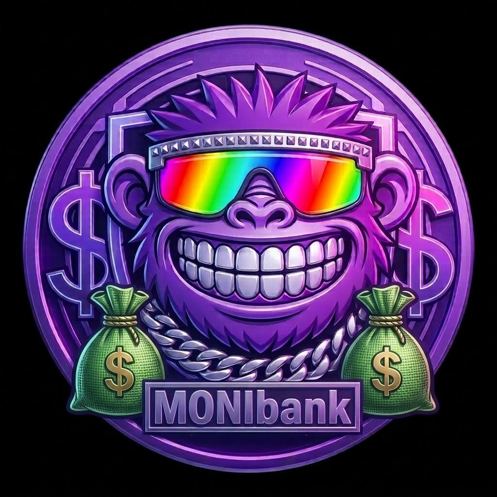 MONIbank logo featuring a purple monkey with money bags