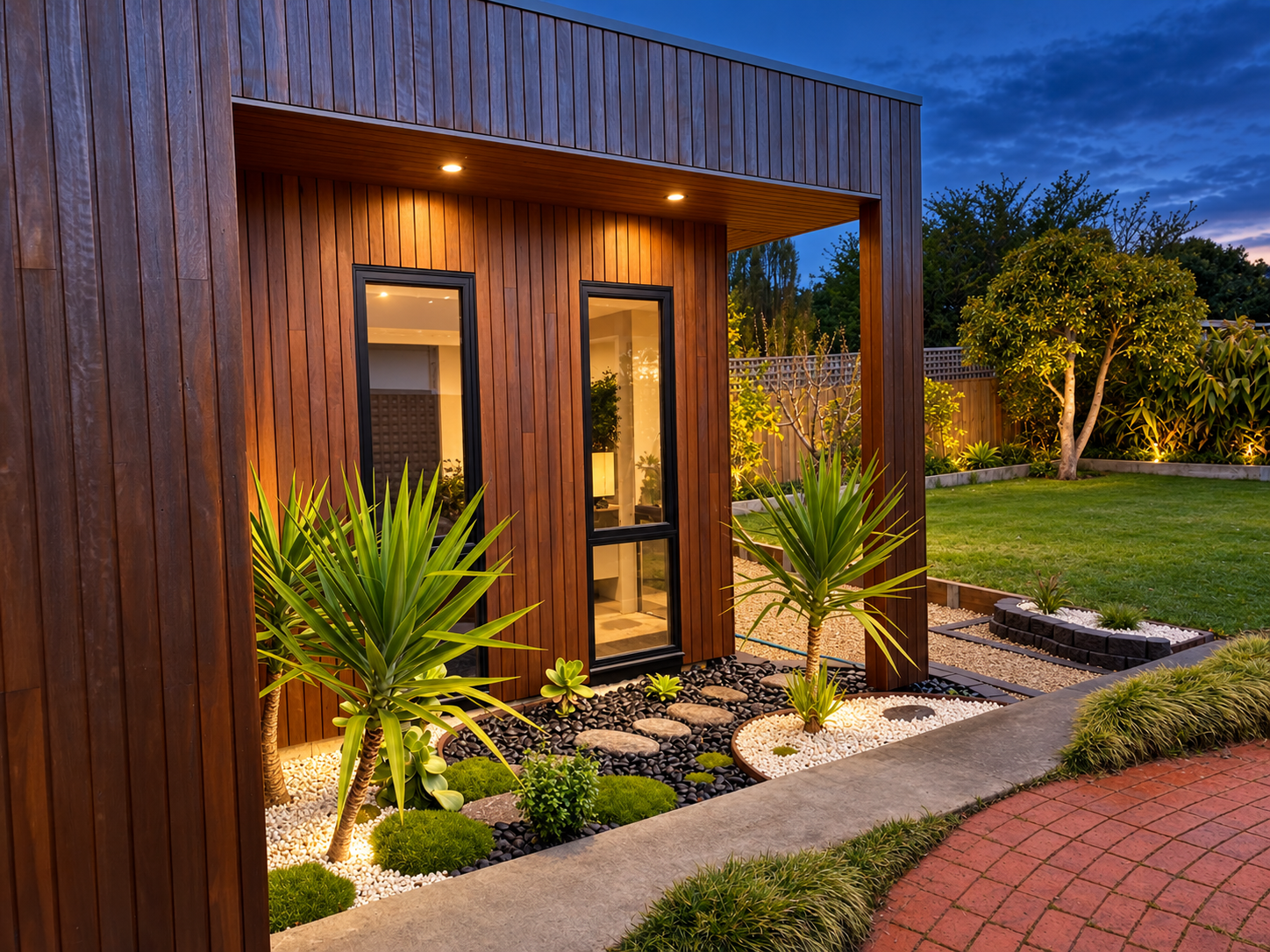Moonah project with warm timber cladding and landscaped garden