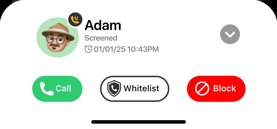 Caller Details sheet showing contact avatar with Secretary Agent screened badge, name, call type, timestamp, and Call, Whitelist, and Block action buttons