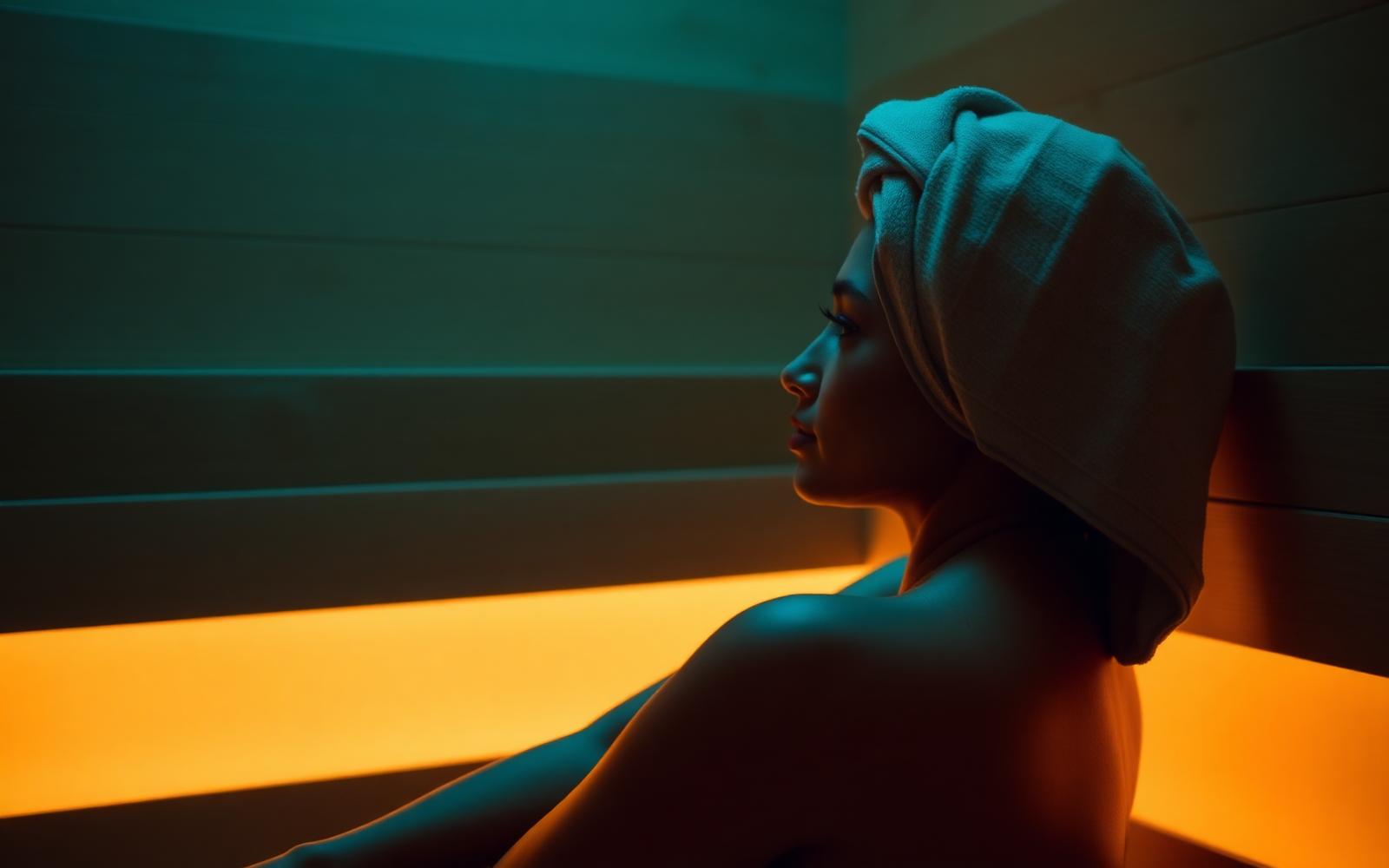 A person resting in an infrared sauna, bathed in warm amber and teal light