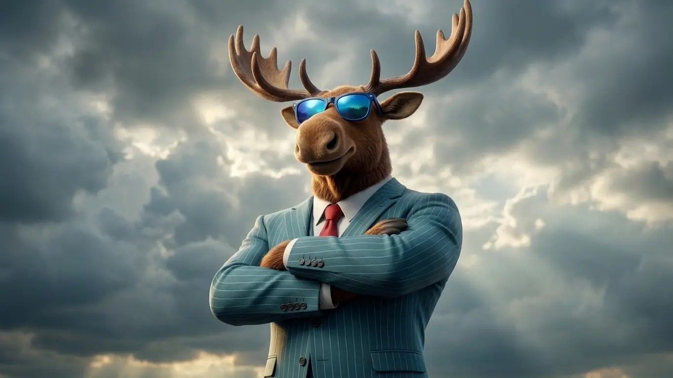 Mr. Moose in a teal pinstripe suit with sunglasses, arms crossed confidently