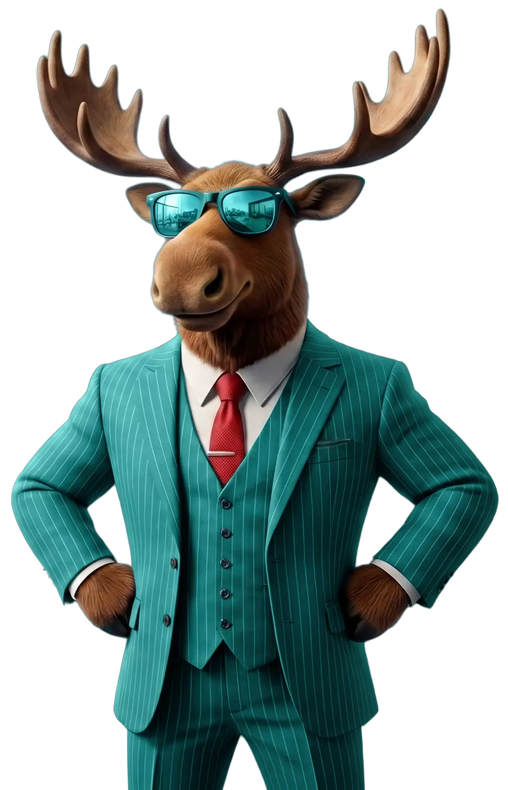 Mr. Moose in a confident pose wearing a teal pinstripe suit with sunglasses