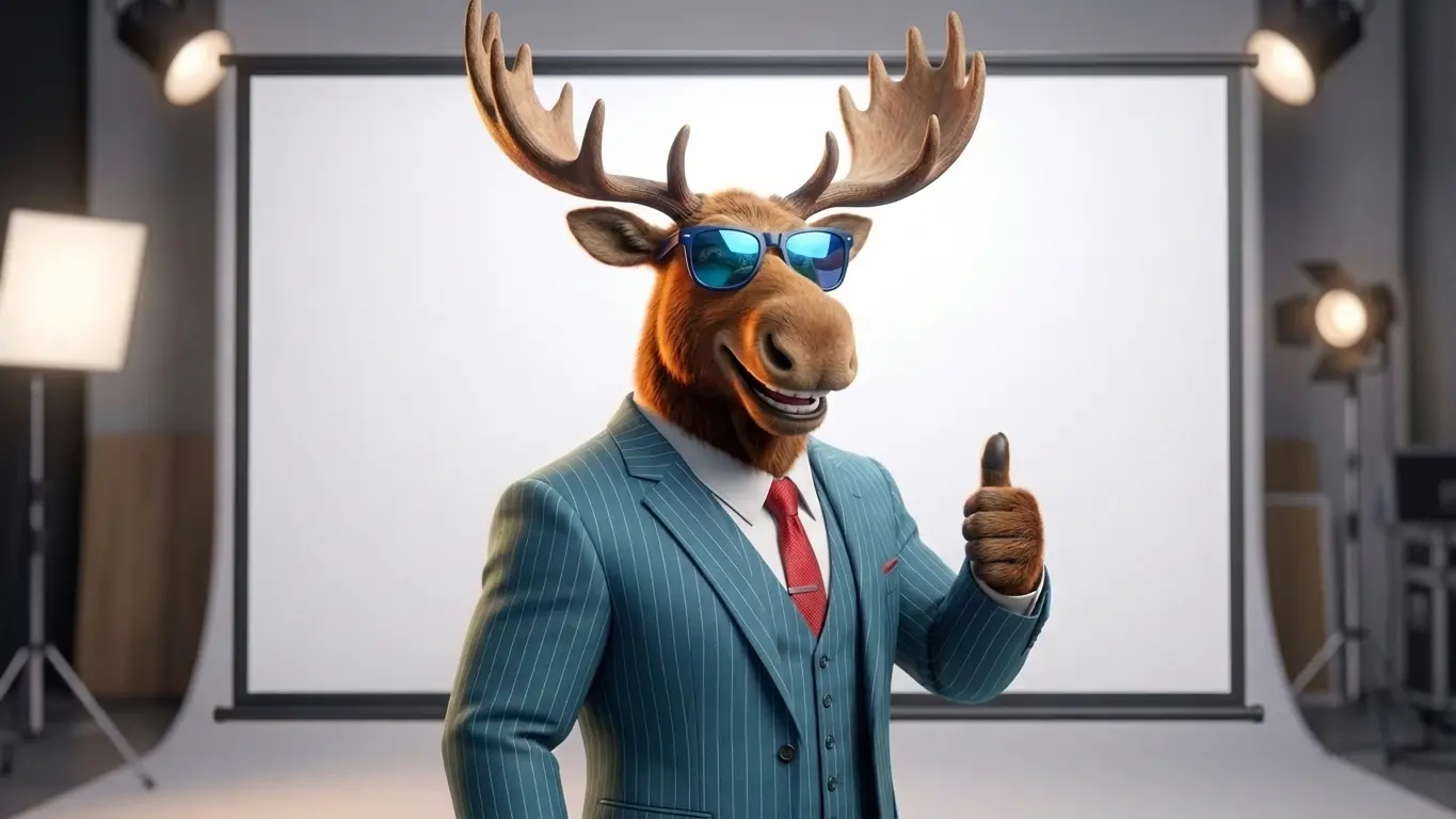 Mr. Moose giving a thumbs up in a photo studio, wearing a teal pinstripe suit