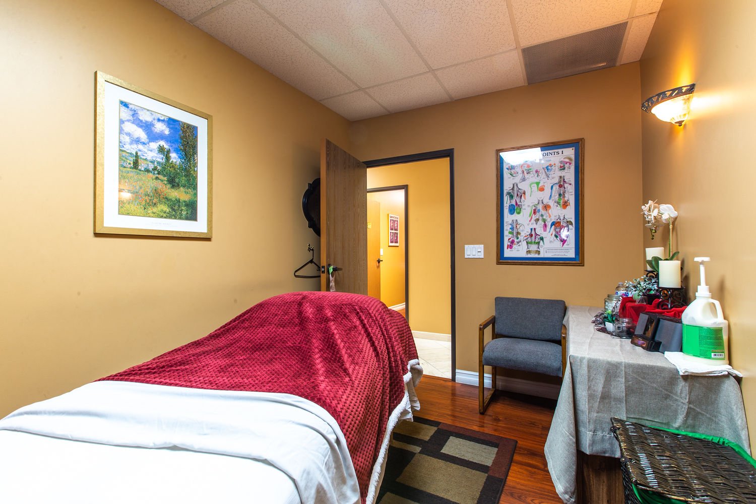 Massage therapy room with treatment table