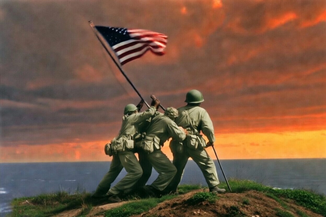 American soldiers raising the flag at sunset - honoring veterans from 1776 and 250 years of liberty