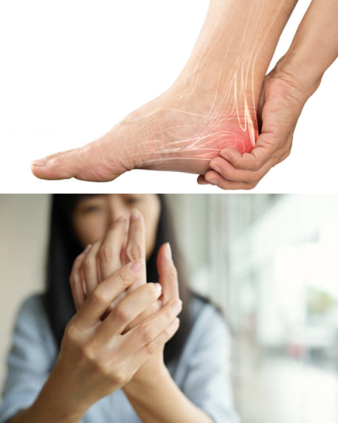 Person experiencing nerve discomfort in their foot and hand