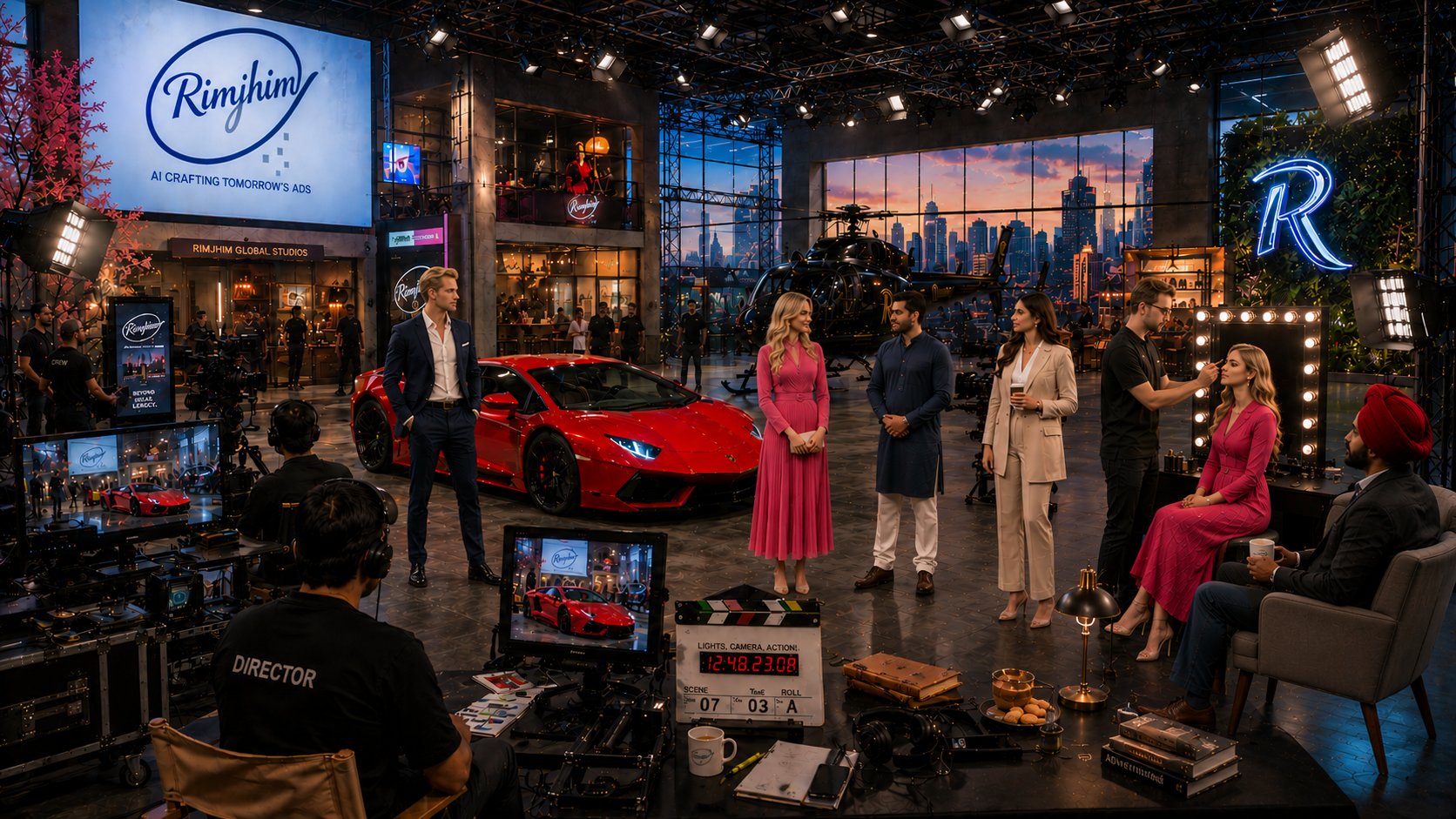 Rimjhim Global Studios - Professional commercial production with Lamborghini and crew