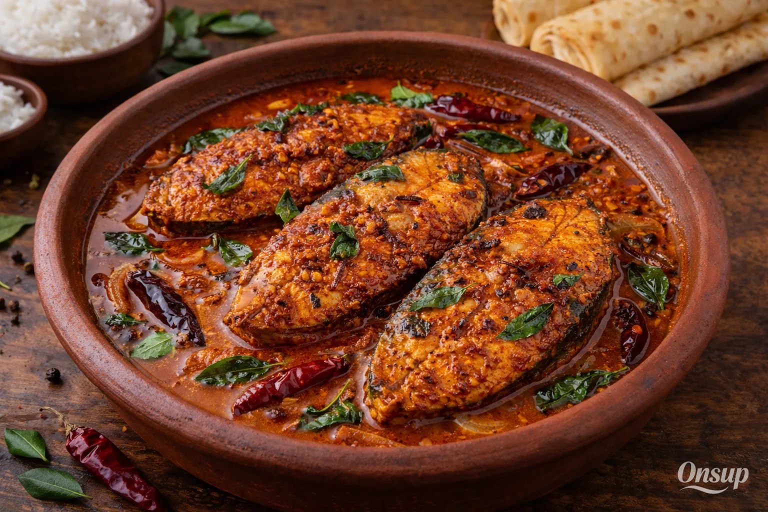 Kerala style Neymeen curry – seer fish in rich red coconut gravy in a clay bowl