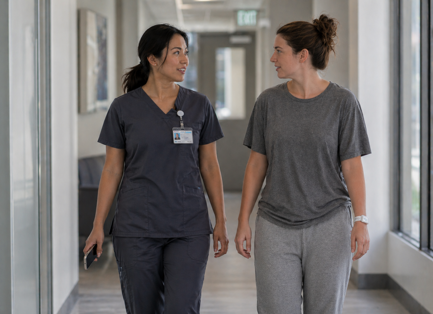 Healthcare worker walking with patient through a bright modern facility corridor