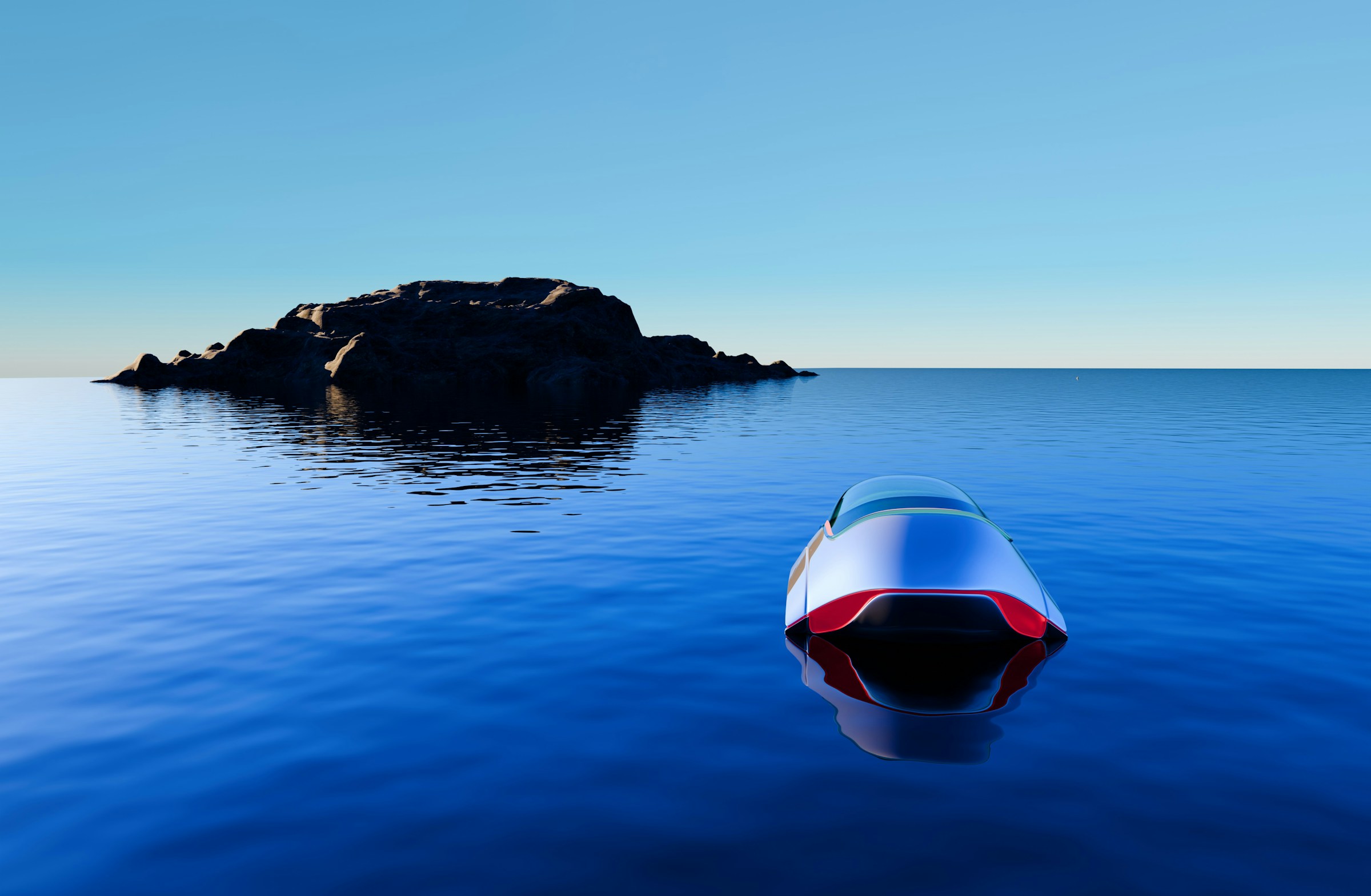 Futuristic autonomous vessel on calm water representing maritime navigation