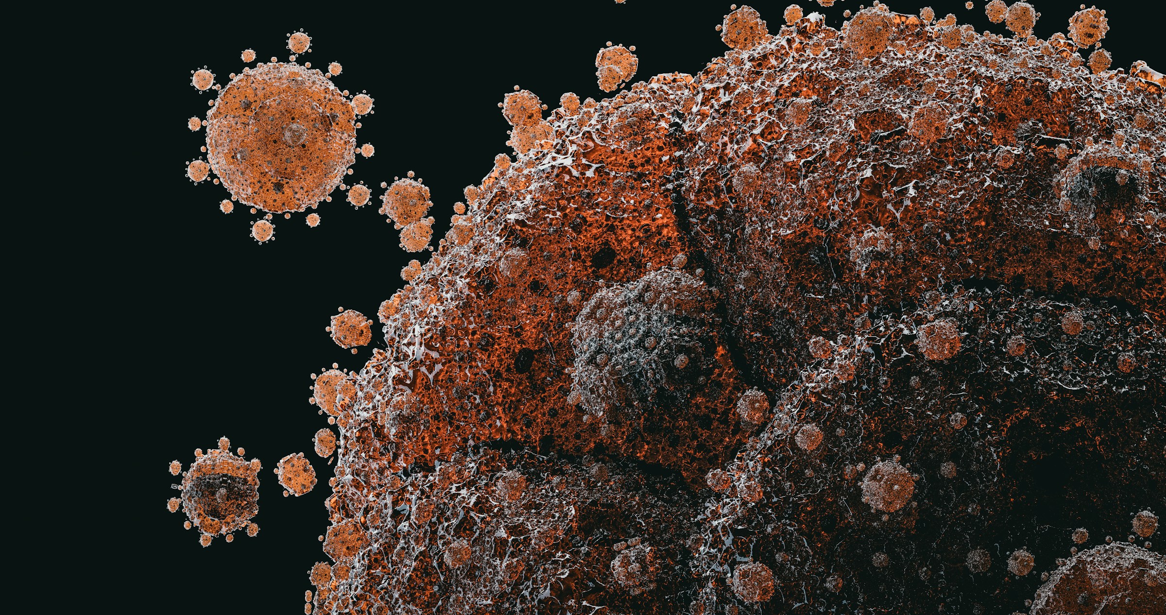 Orange virus particles and cellular structures representing rare disease pathogens