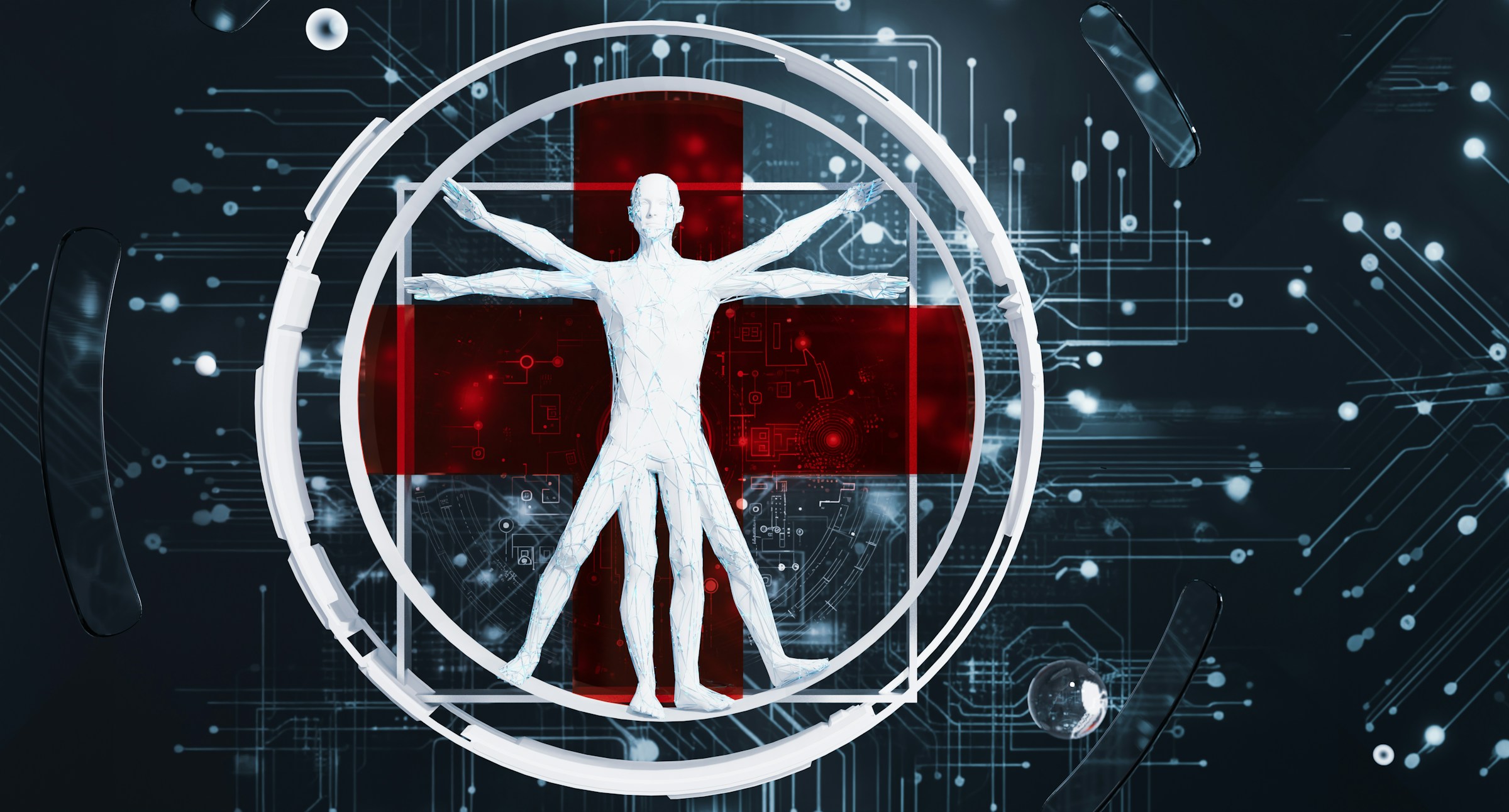 Digital Vitruvian man with red medical cross representing medical technology fusion