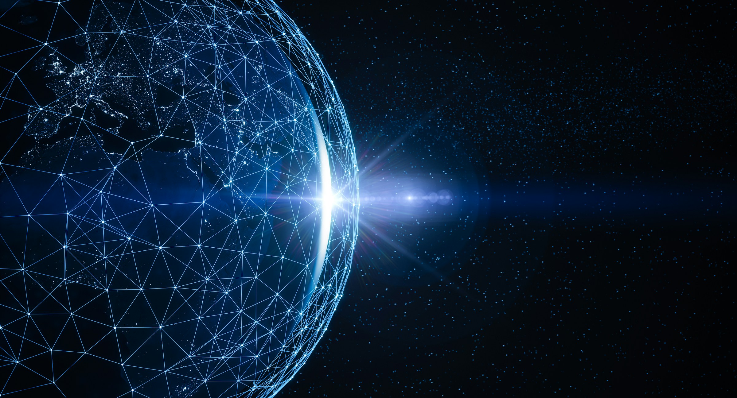 Digital globe with triangular mesh network and light beam representing global connectivity
