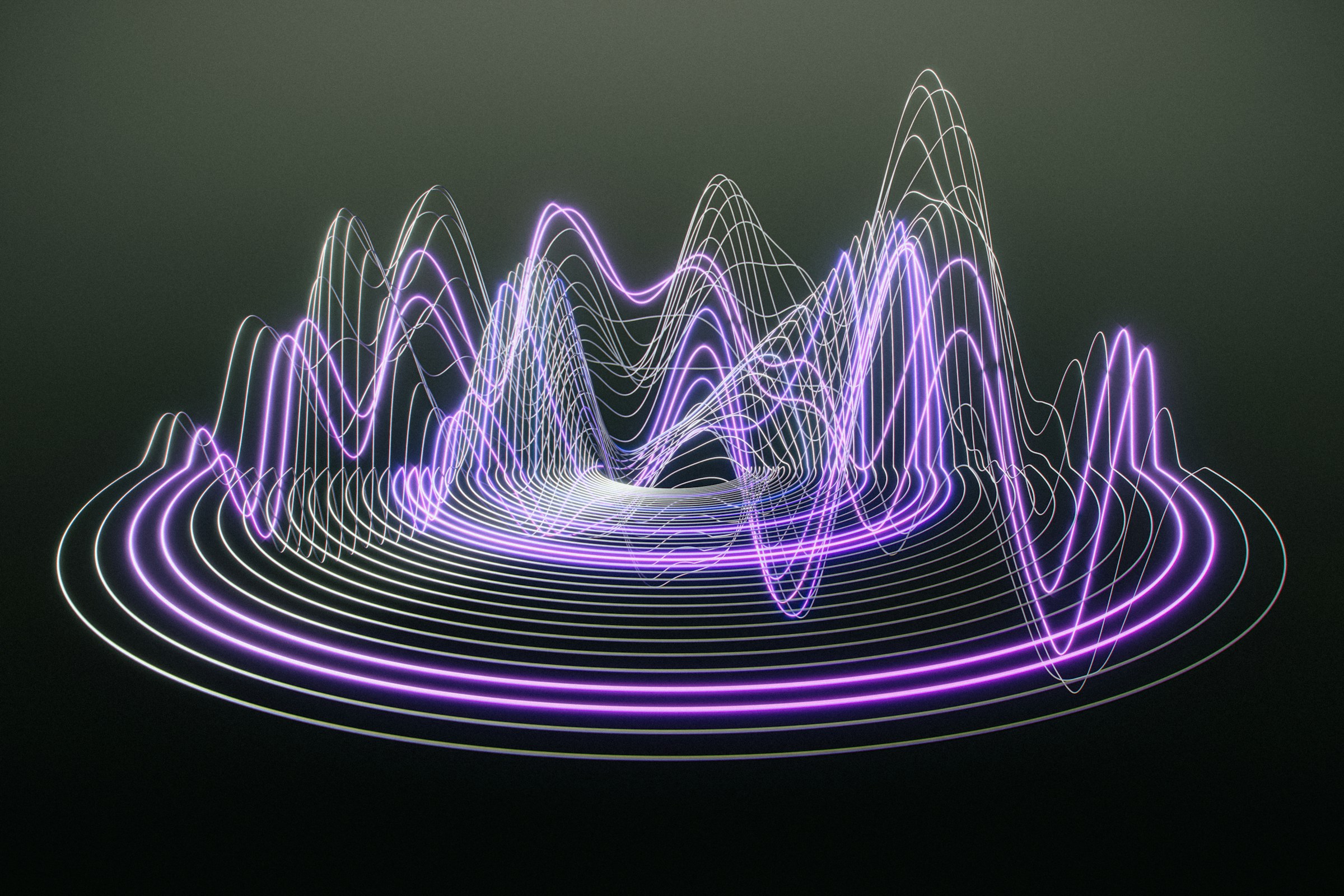 Purple neon wireframe 3D waveform representing audio or molecular signal visualization