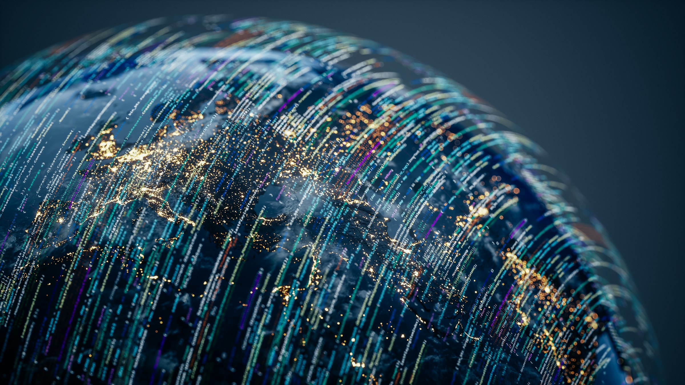 Globe covered in code and data streams with city lights representing global health data