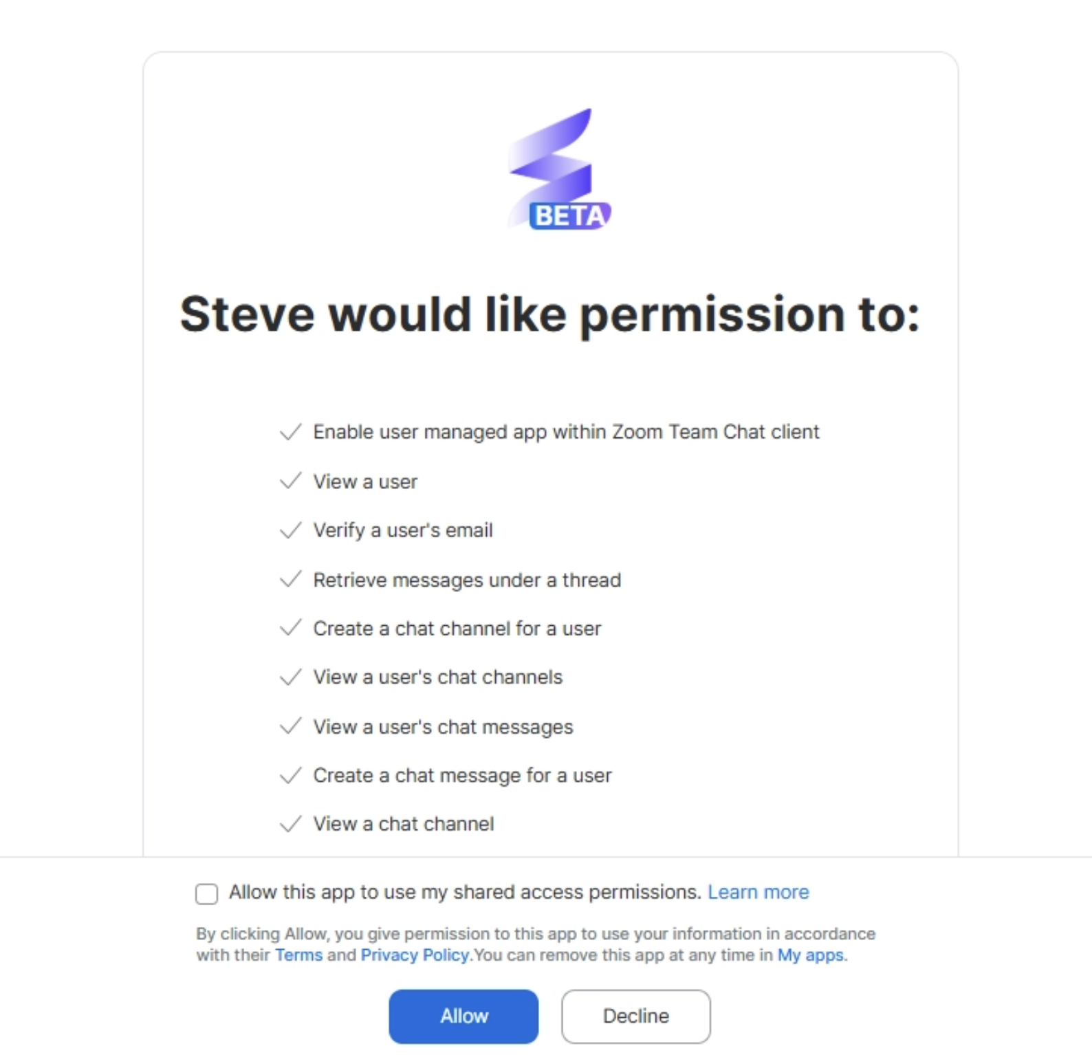 Zoom OAuth authorization screen showing requested permissions for the Steve app