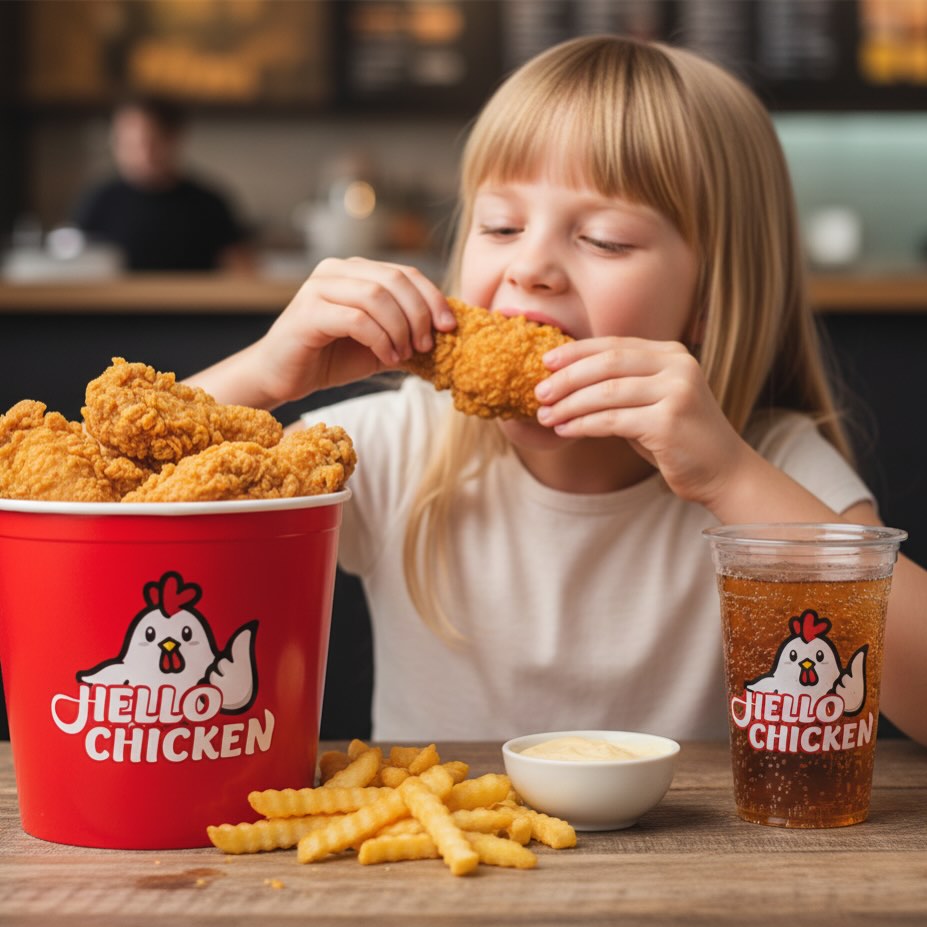 Dievčatko si vychutnáva chrumkavé kuracie krídla z Hello Chicken