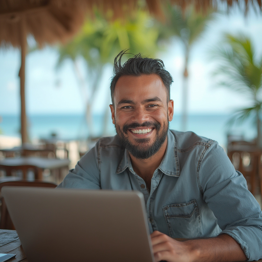 A person with a bright smile working on their laptop at a beachside cafe, with palm trees and ocean views in the background, embodying the perfect work-life balance