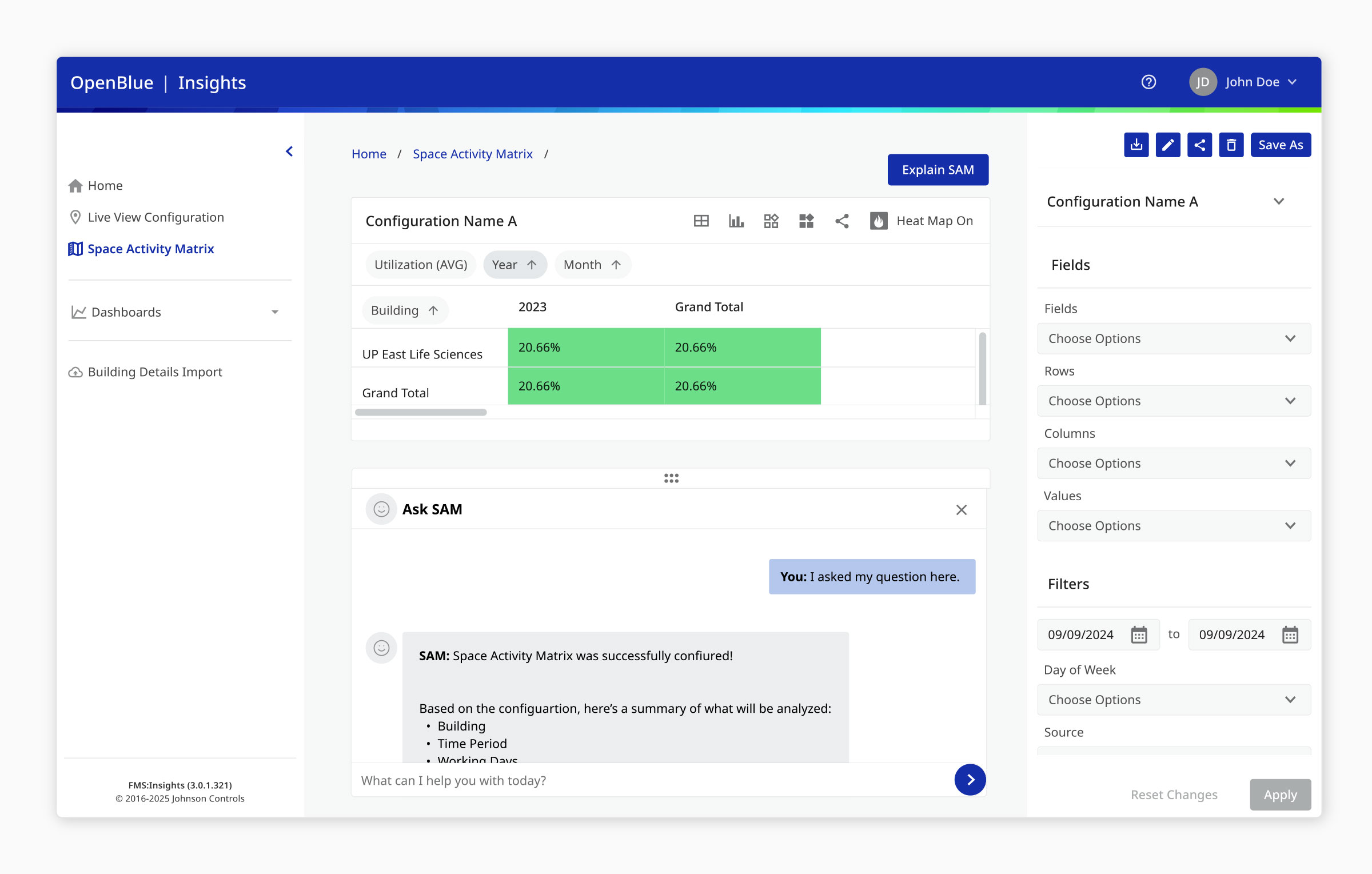 OpenBlue Insights Space Activity Matrix — Element Design System, navigation expanded