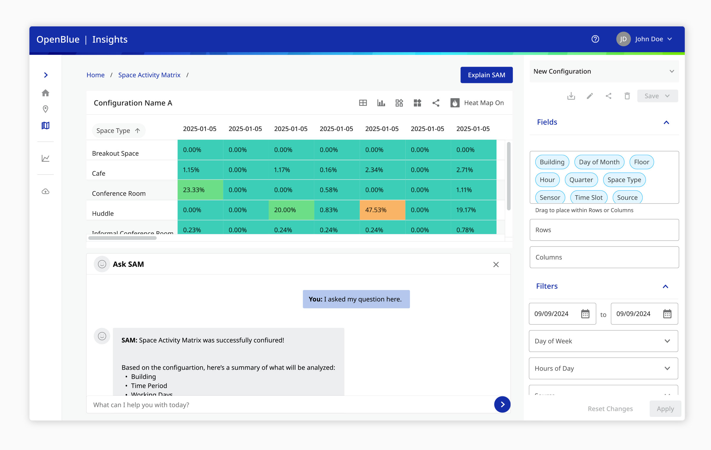 OpenBlue Insights Space Activity Matrix — Element Design System, navigation collapsed