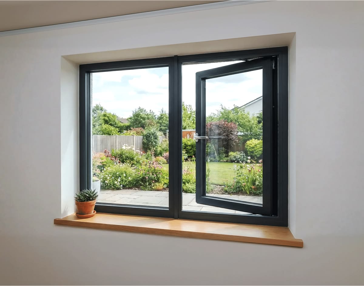 Schwarzes Drehflügelfenster nach außen geöffnet mit Blick in grünen Garten