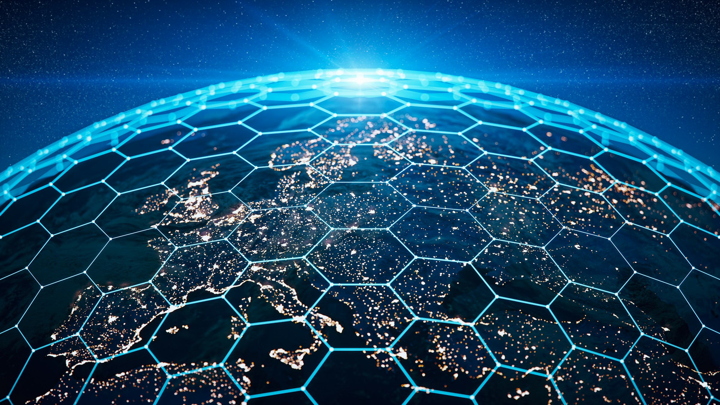 Earth from space with glowing hexagonal network overlay showing global connectivity